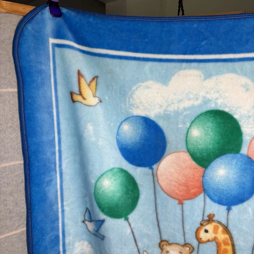 Vintage NovaTex Baby Blanket‎ Hot Air Balloon Nursery Animals Zoo Clouds 43 X 51